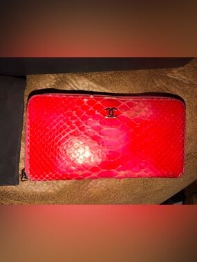 CHANEL Pink Python Zip-Around Wallet with Silver Hardware